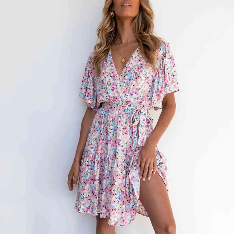 Floral Print korte mouw zomerjurk voor vrouwen boho strand stijl mini jurk vintage bloem sundress Franse jurk met riem 210415