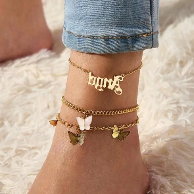 3 stks / set Butterfly Dames Ketting Anklet Anklets Armbanden met Woorden Angel Sexy Barefoot Sandal Beach Foot Chins Armband voor Lady Party Sieraden Gift