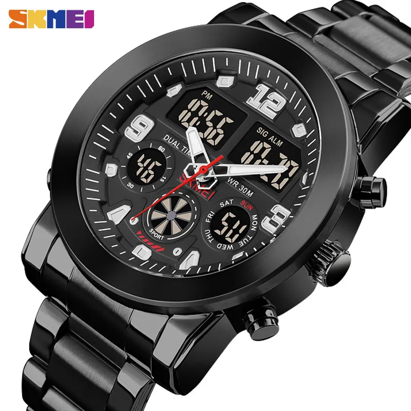 SKMEI 3タイムファッションLEDメンズ腕時計クロノカウントダウンデジタル腕時計カジュアルステンレススチールストラップメンズウォッチReloj 1642 Q0524
