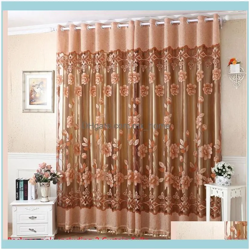 2Pcs Elegant Floral Pattern Window Curtains with Beads Door Voile Curtain Window Drape Divider Room Wall Decoration