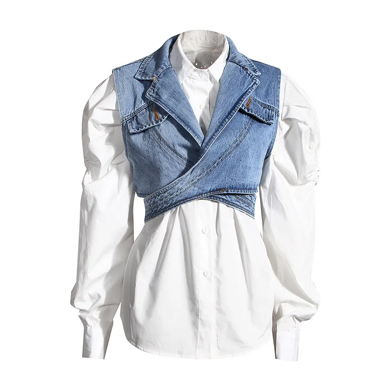 QNPQYX 새로운 봄과 가을 패션 여성 데님 조끼와 흰 코튼 셔츠 두 조각 싱글 브레스트 탑 여성 블라우스