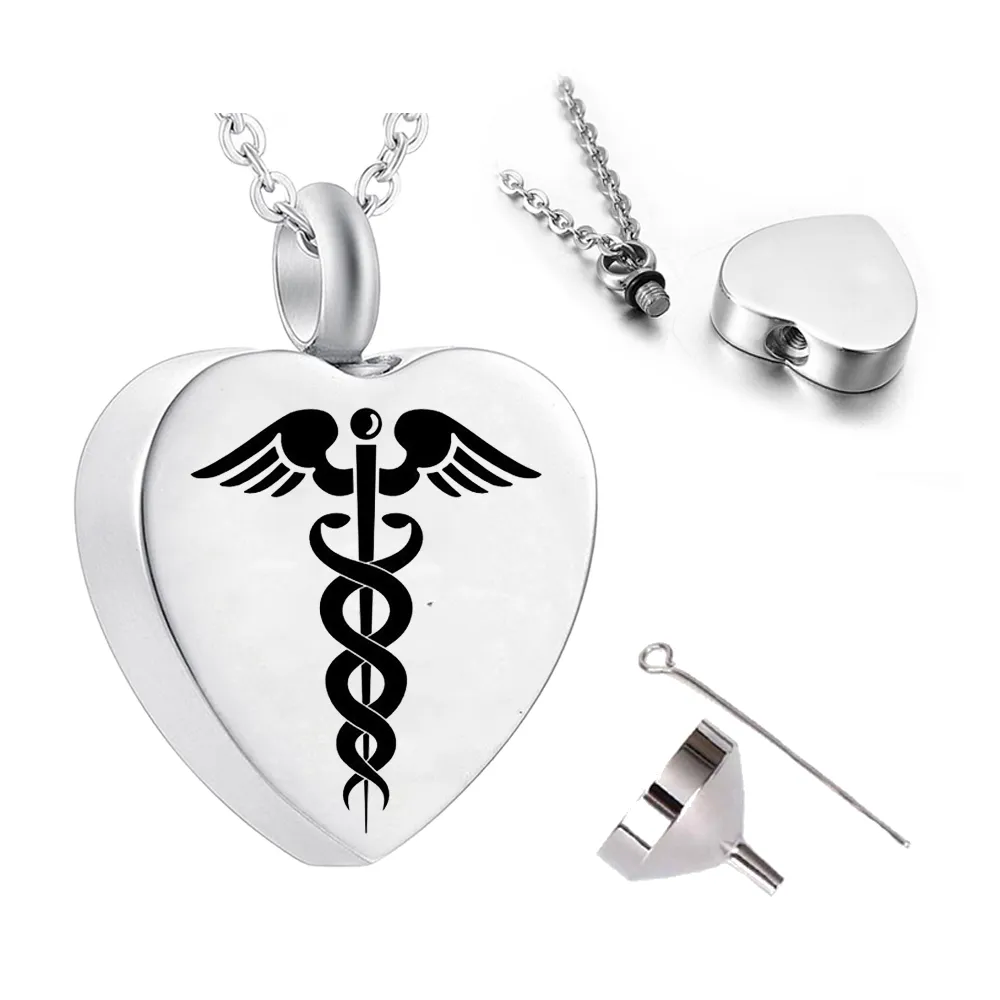 Stainless steel Silver Caduceus Angel Nursing Themed Pendant Necklace urn Necklace keepsake-with filling kit