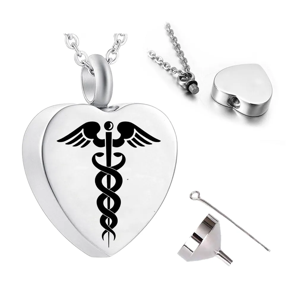 Roestvrijstalen zilveren Caduceus Angel Nursing Themed Hanger Ketting Urn Ketting Keepsake-met Vulkit