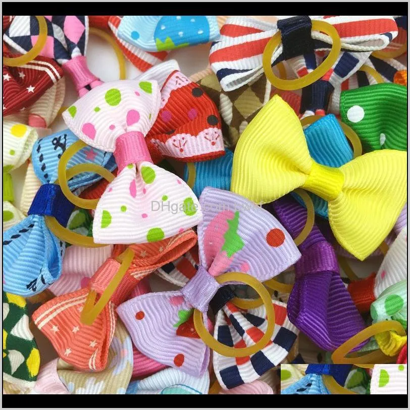 (100 pieces/lot) cute ribbon pet grooming accessories handmade small dog cat hair bows with elastic rubber band 121 colors 201127