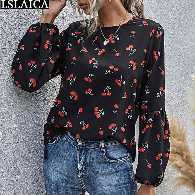Tops voor Dames Mode Cherry Print Lange Mouw O Neck Sweet Blouses Casual Fall Clothing Office Lady Shirts 210515