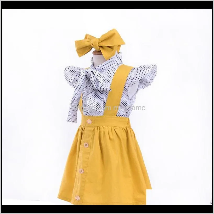 baby girls clothing sets three-piece suit fashion bow dot print casual suits headband button onesies strap dress