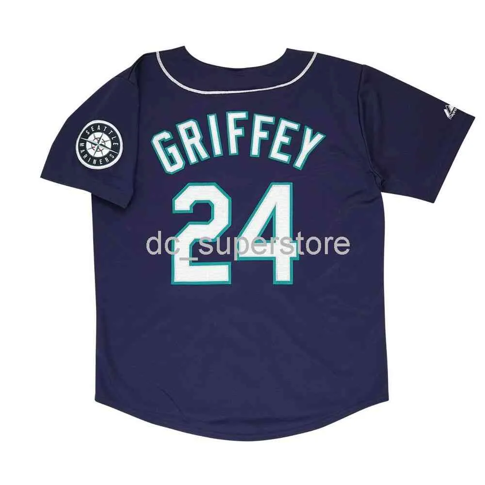 맞춤형 봉제 Ken Griffey Jr. 1999 네이비 블루 저지 W / 팀 패치 남성 여성 청소년 야구 저지 XS-6XL