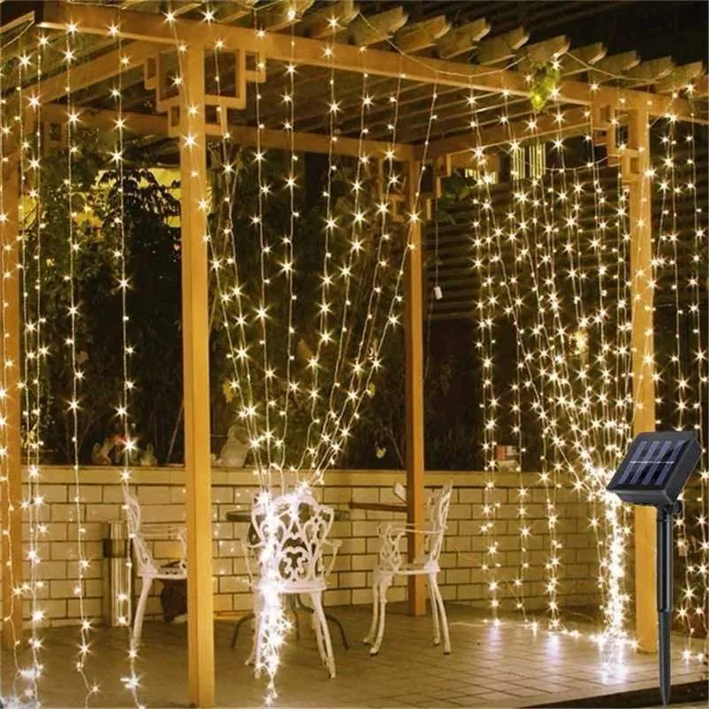 3x3M Solaire led Guirlande lumineuse En Plein Air Fée Rideau Lumières Guirlande Fenêtre Décoration De Noël pour La Maison Garden Party Lampe Solaire 211122