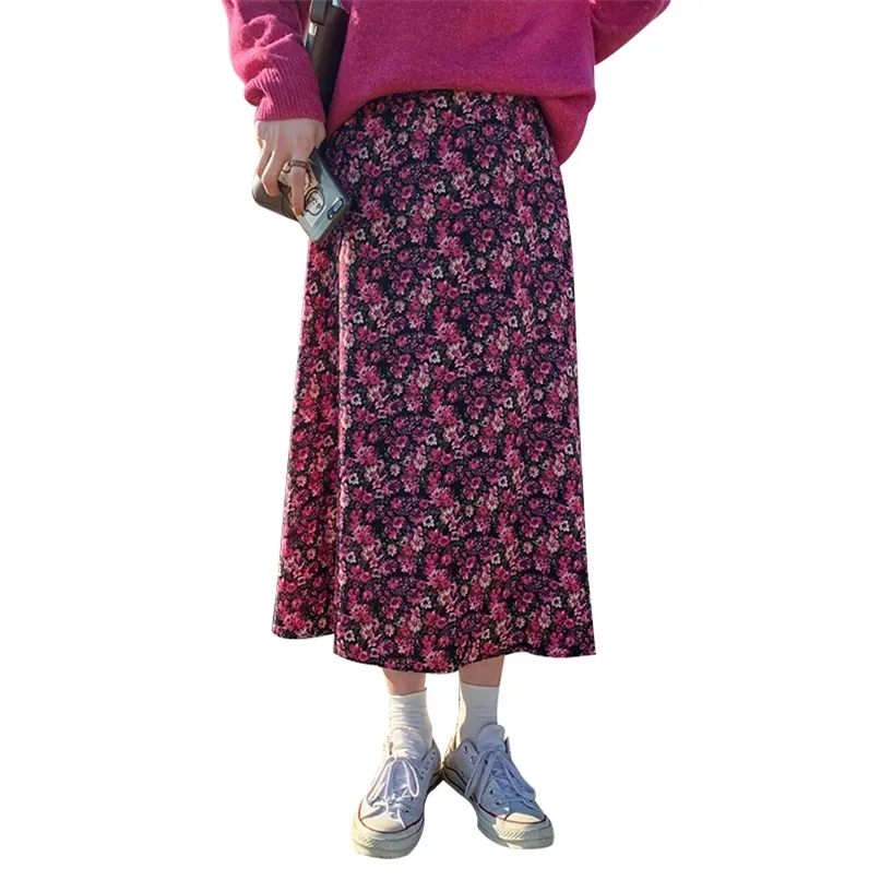 Bohemian Long Skirts Maxi Women Spring Summer Purple High Waist Floral Korean Mid-length A-line Beach Saia 210601