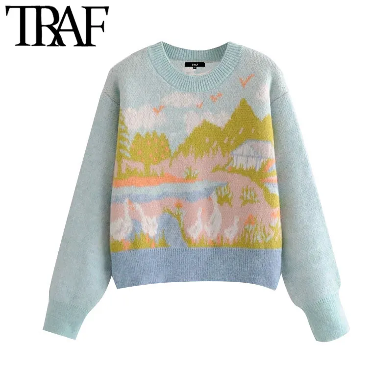 TRAF Women Fashion Animal Jacquard Stickad Sweater Vintage O Neck Långärmad Kvinnlig Pullovers Chic Toppar 210415