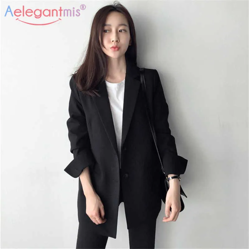 Aelegantmis élégant à manches longues Slim Blazer veste femmes décontracté noir Outwear printemps automne dame bureau costume grande taille 210607