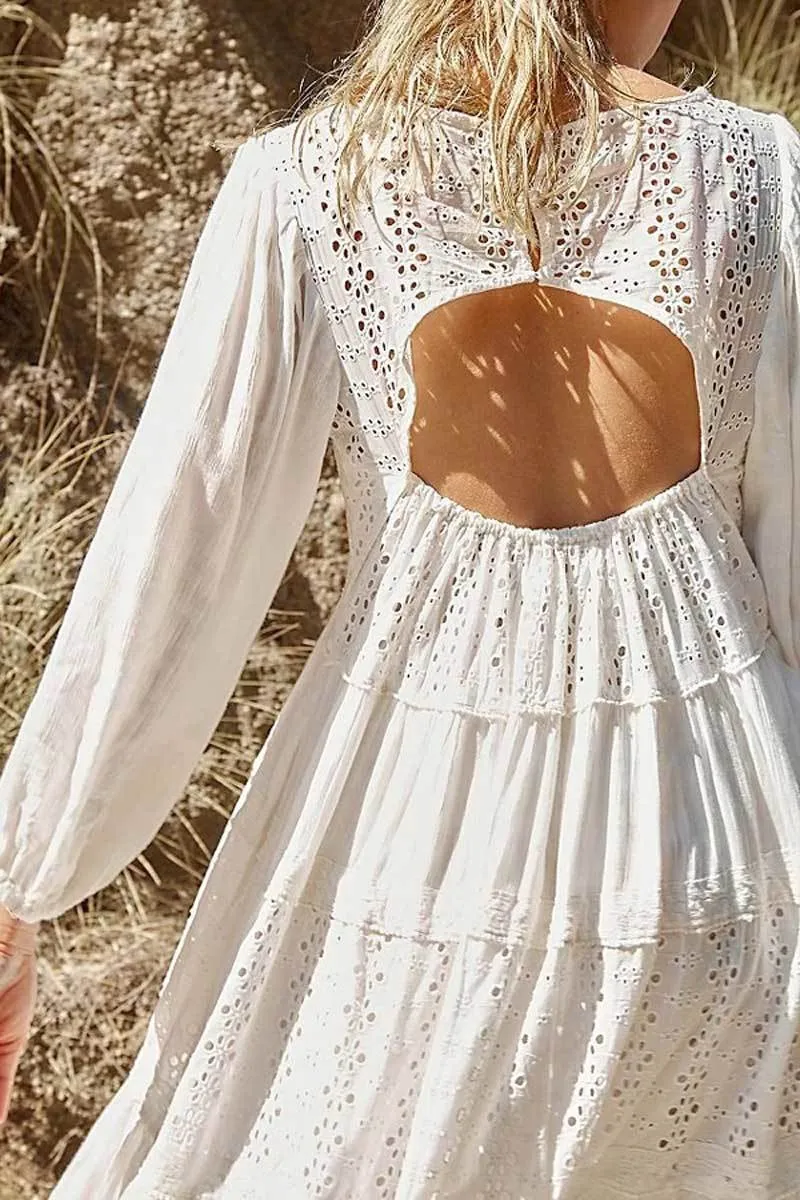 thumbnail image 2 of Women's V-Neck Eyelet Lace Maxi Dress - A-Line Swing Long Summer Dress 2 of 13