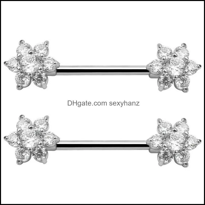 Other 2Pcs High Quality Zircon Flower Star Body Nipple Rings Jewelry Women Bar Barbell Piercing Ring