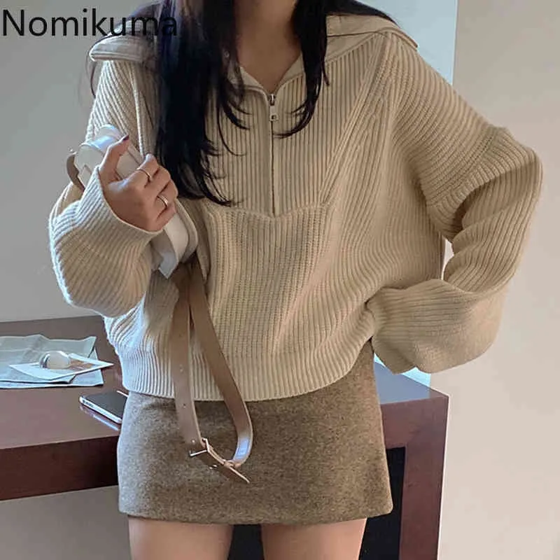 Nomikuma coreano mezzo dolcevita maglione con cerniera manica lunga causale solido pull femme autunno inverno pullover lavorato a maglia top 6C949 210427