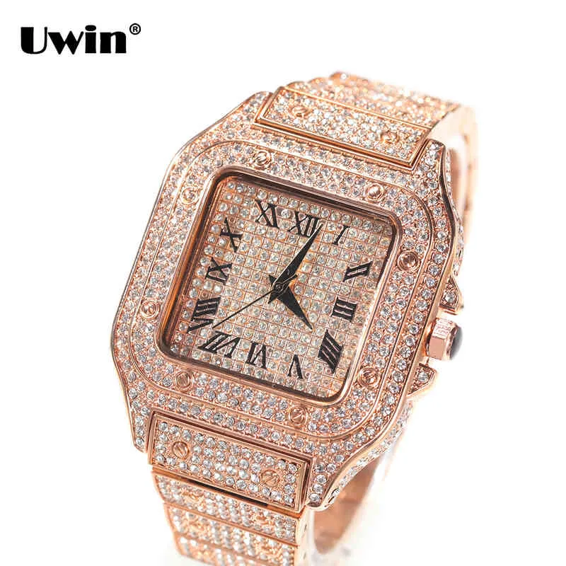 Uwin completamente gelado para fora relógios homens de aço inoxidável moda luxo strass quartzo quadrado negócio relógio para presente