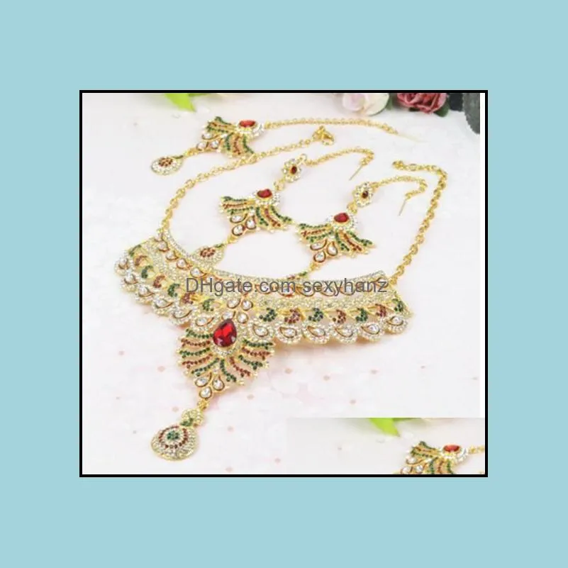 Earrings & Necklace India Style Headdress Jewelry Sets Bridal Wedding Party Dance Accessories Water Drop Type Crystal Colorfulset