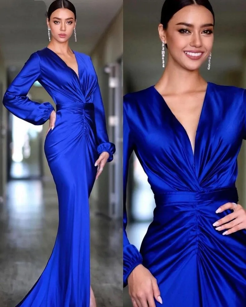 Elegante königsblaue Abendkleider 2021 mit tiefem V-Ausschnitt, langen Ärmeln, Meerjungfrau, arabisches Promi-Abschlussballkleid für Frauen, Party, Robe de Soiré Mariage