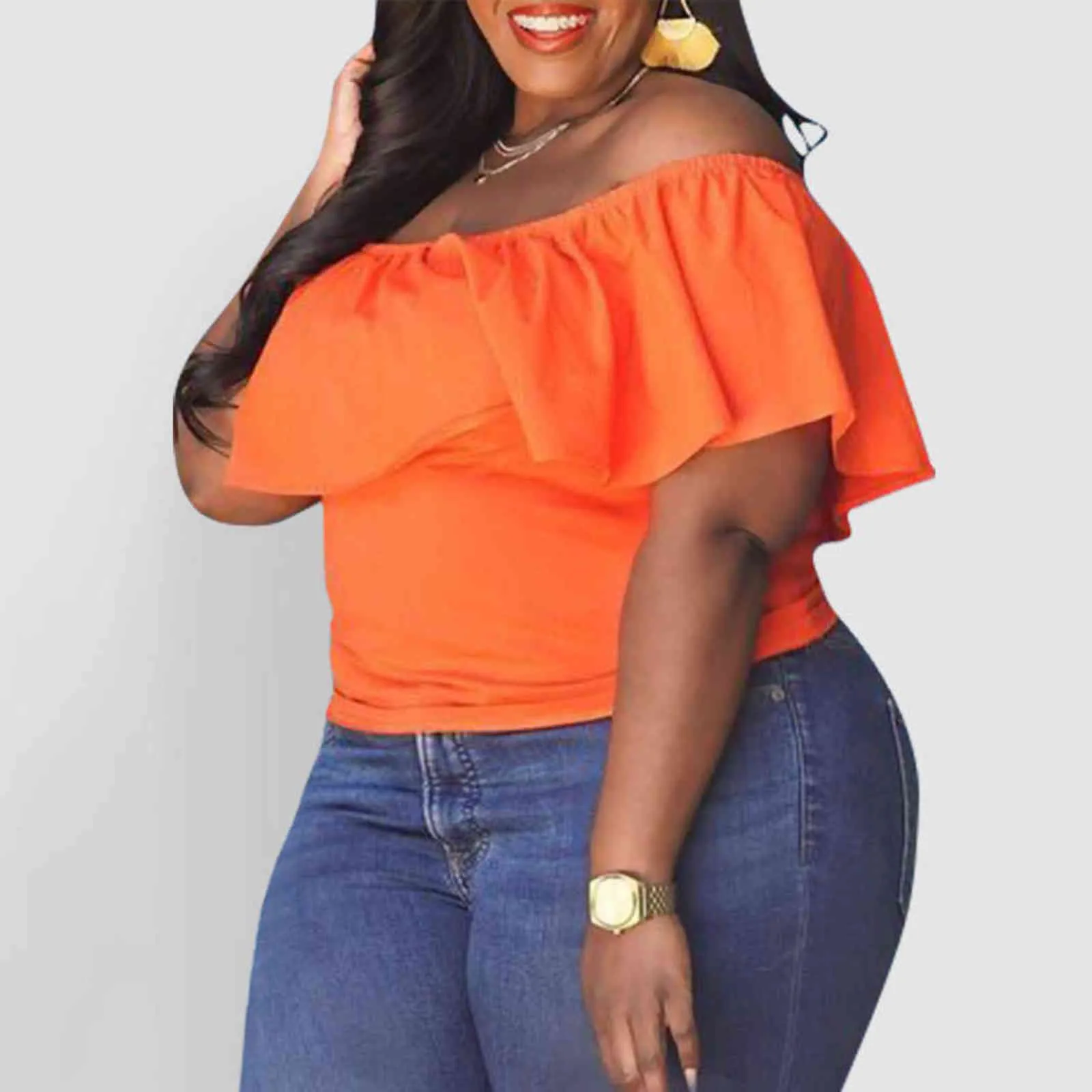 Grande taille chemises pour femmes 4XL 5XL grand été Orange Slash cou mode volants casual Blouse hauts grande femme arrivée 211116