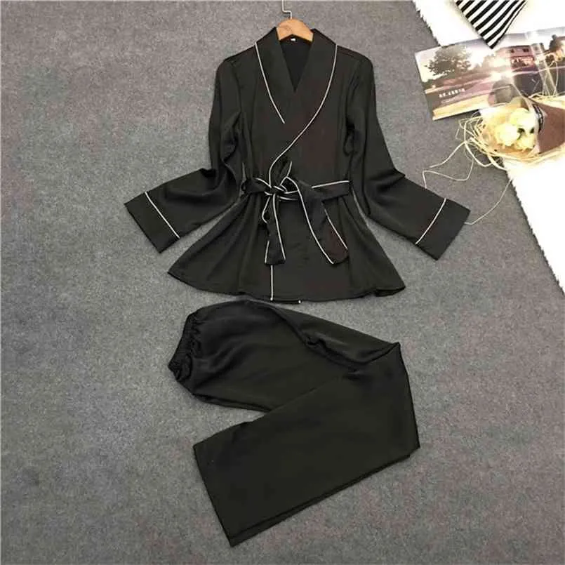 Bälte pyjamas Set Sexiga Kvinnor Stripe Black Byxor Robe 2piece / Set Hem Topp Silk Rayon Sleepwear 210809