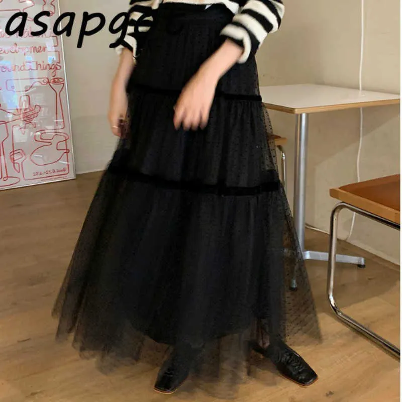 Höst Slim High Waist Black Mesh Ball Gown Kjolar Kvinnor Polka Dot Retro Sexig Mode Mujer Faldas Koreanska Chic Temperament 210610