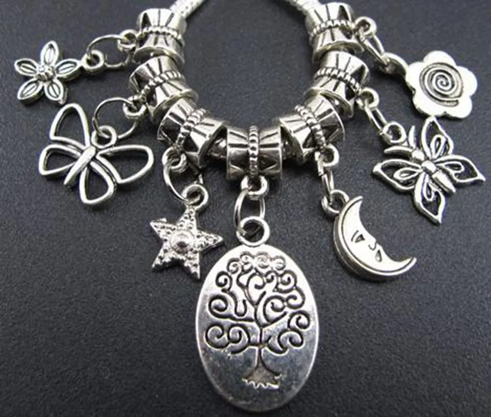 Metales Luna árbol estrella mariposa encantos gran agujero cuentas sueltas 100 unids/lote plata tibetana ajuste pulsera europea