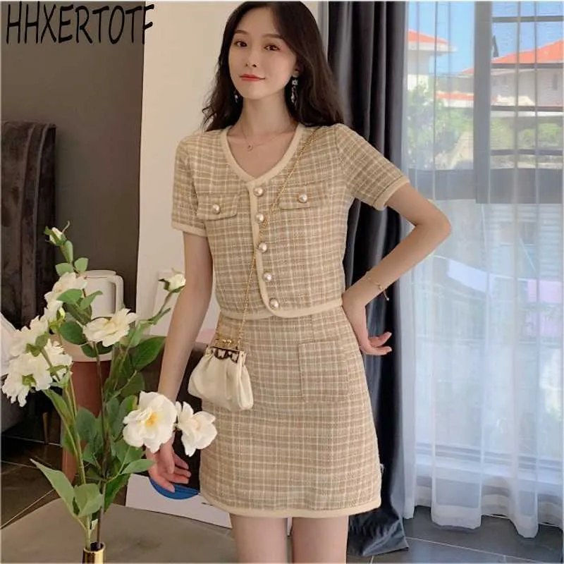 Sommar Tweed Skirt Suit Fashion Elegant Kvinnor Sexig Kortärmad Single-breasted Toppar + Mini Set 2 Piece Sets 210531