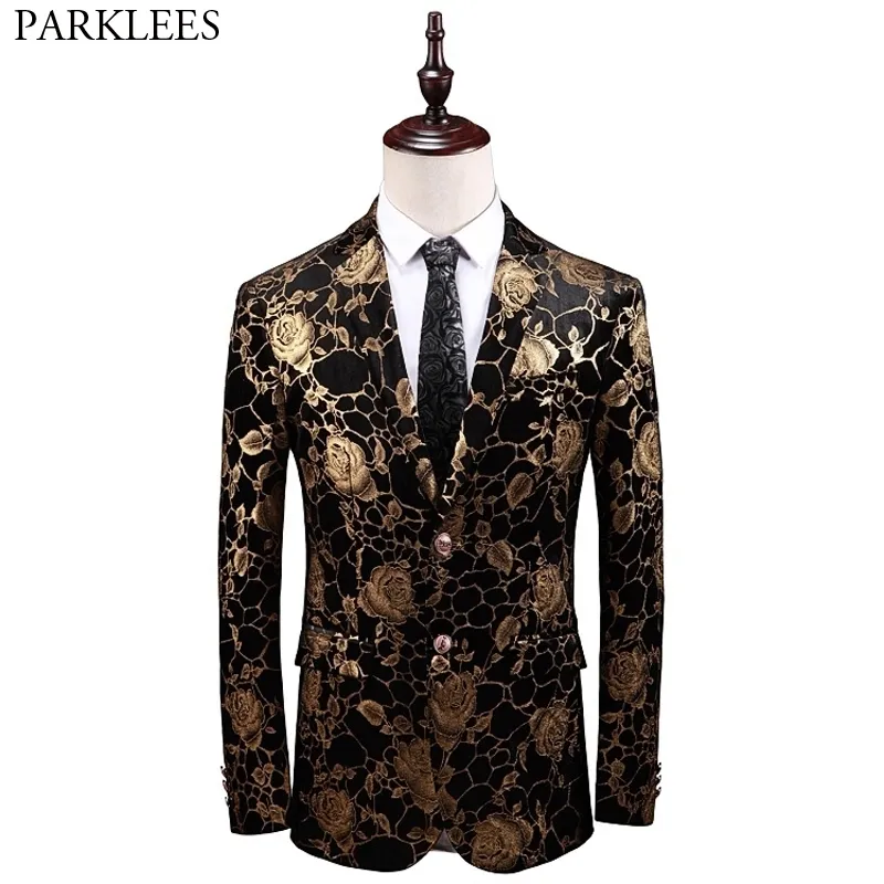 Mens Gold Rose Floral Bronzing Velvet Dress Blazers Märke Slim Fit Notched Lapel Suit Blazer för bröllopsfest Prom 5xl 210522