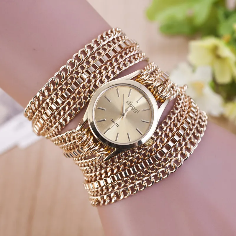 Alloy Gold Bracelet Watch Long Strap Shiny Steel Stainless Wrap Around Ladies Dress Quartz Clock