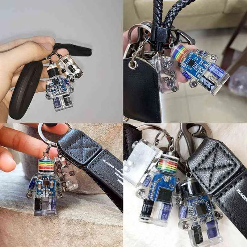 Geometriska byggstenar robot nyckelkedja punk läder rep leksak nyckelringar motorcykel bil ryggsäck gåva män kvinnor hängsmycke nyckelring h1126