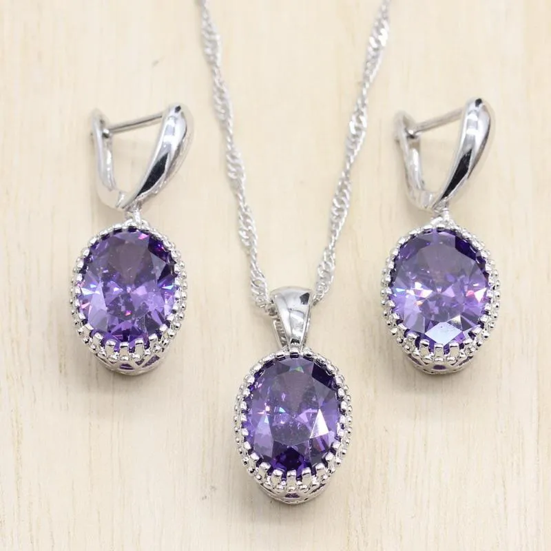 Earrings & Necklace Silver Color Jewelry Sets Purple Light Blue Cubic Zircon Earrings/Pendant/Necklace J