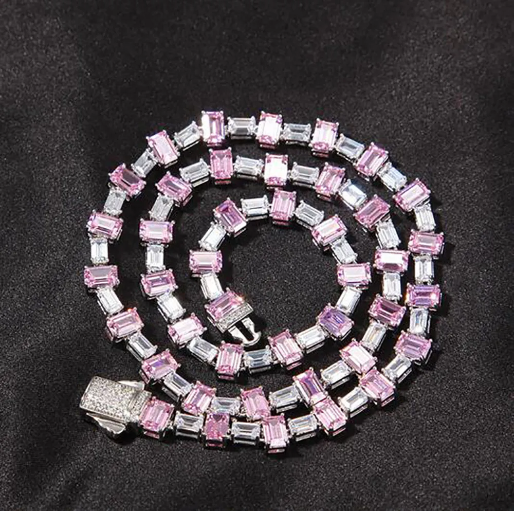 5MM Baguette Silver Pink Tennis Chain Necklace with Clear Cubic