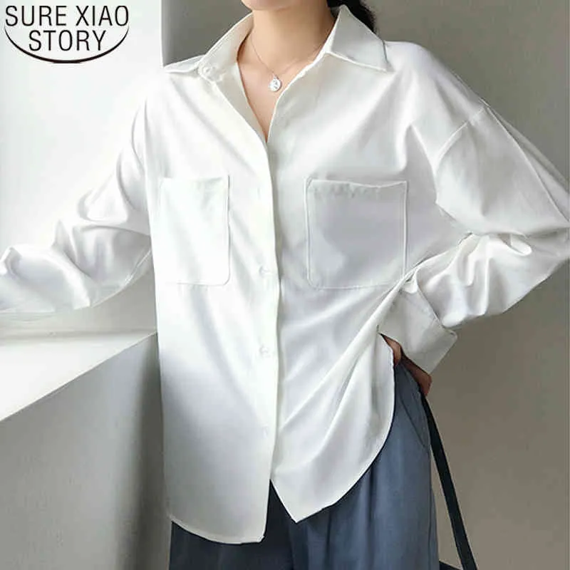 OL Style White Shirt for Women Tops Turn-down Collar Pocket Button Up Shirts Workwear Female Blusas Loose Blouses 6068 210417