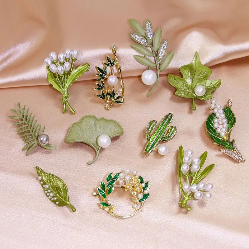 Pins, Brooches Korean Fashion Simple Green Plant Flower Pearl Brooch Series Ladies Corsage Suit Jacket Accessories Pin Jewelry