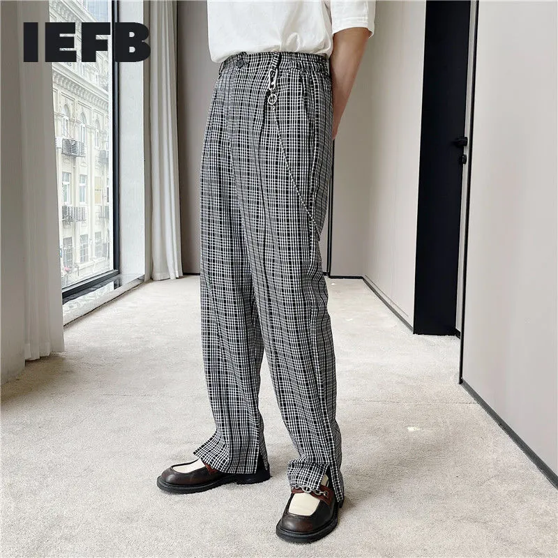 IEFB Koreaanse Plaid Basic Drop Streetwear Broek Heren enkel Opening Design Casual Summer Pak Broek Business Broek 210524