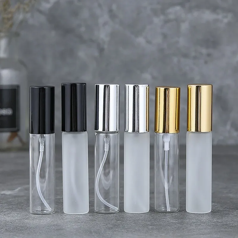 10 pçs / lote 10 ml Transparente Fino Spray de vidro amostra de vidro frascos de vidro portátil mini perfume atomizador ouro tampão de prata