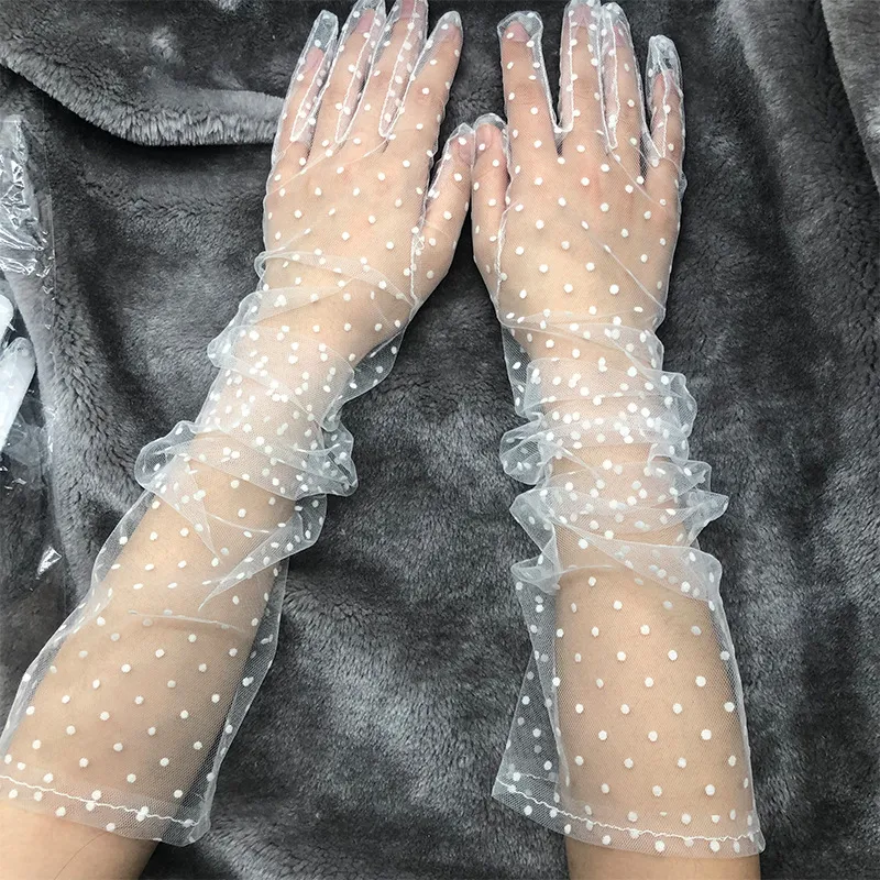 New 1 Pair Women Short Tulle Gloves 60cm Stretchy Lace Spots Full Finger Mittens Mesh Semi Sheer Gloves Bride Wedding Gloves