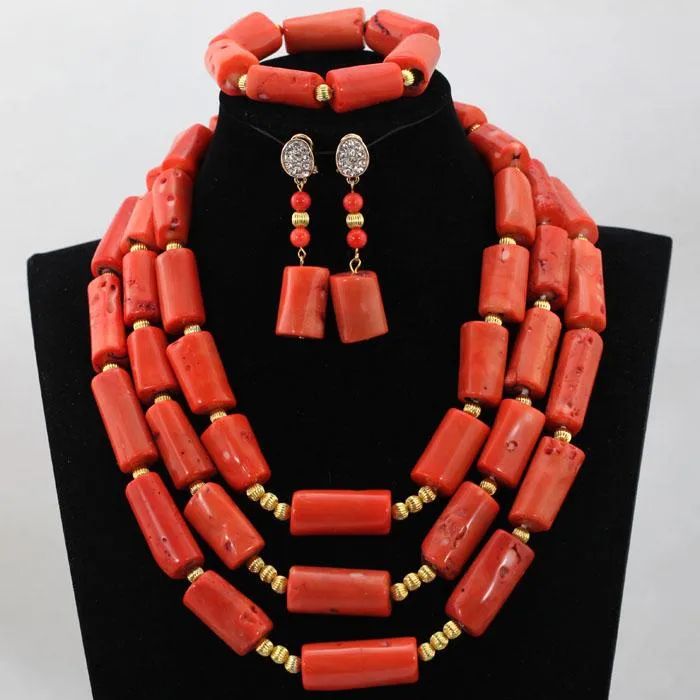 Örhängen Halsband 2021 Lyx Nigeriansk Coral Pärlor Bröllop Smycken Set Rosa Afrikansk Bridal Kostym 3 Rader HX554