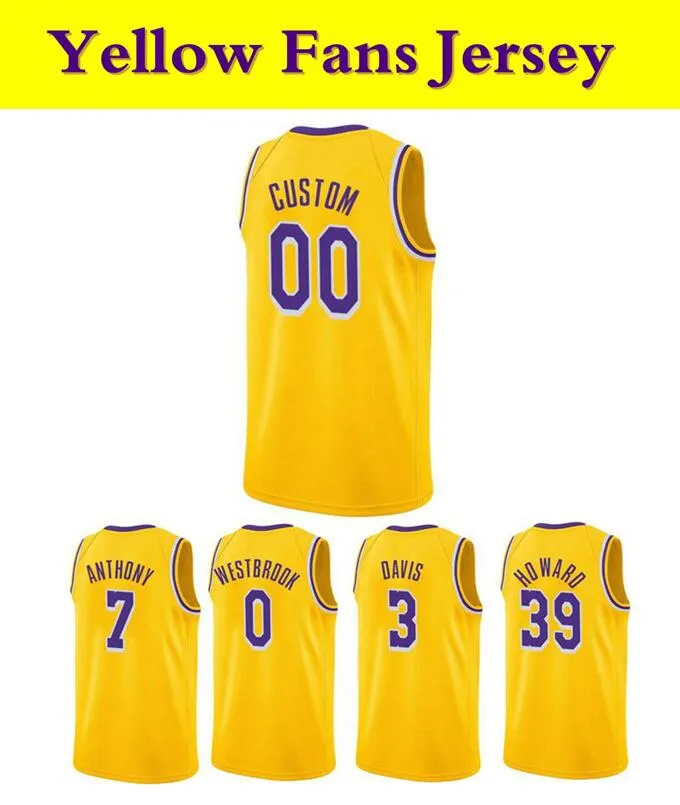 농구 유니폼 Carmelo Anthony # 7 Davis # 3 러셀 웨스트 브룩 # 0 론도 # 4 James # 6 하워드 # 39 노란색 팬들 유니폼 남자 S-6XL
