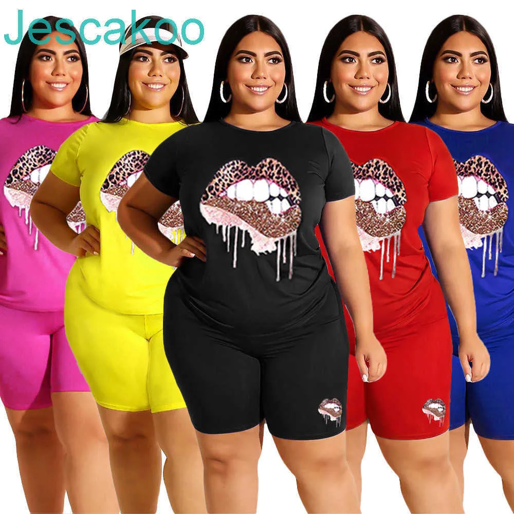 Plus Size Mulheres Casual Tracksuits Mulheres Sexy Lips Impresso Curto Manga De Manga Pescoço Shorts Conjunto Streetwear 2 PCS Sets Outfits