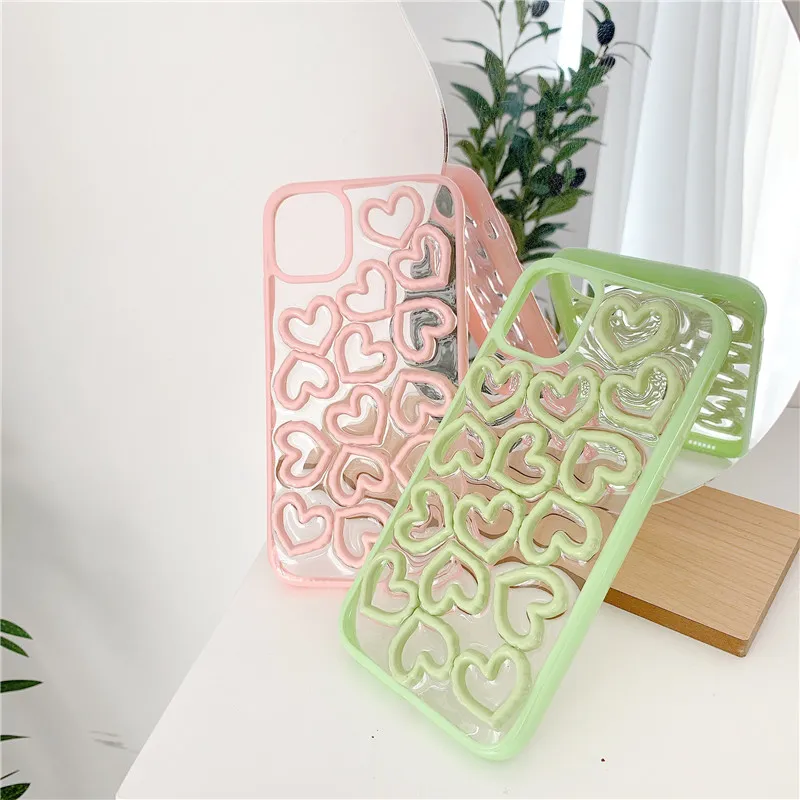 3D Love Heart Pink Phone Fodral för iPhone 11 Pro Max 12 XR XS X 7 8 Plus SE Cute Green Color Back Cover Coque Fundas