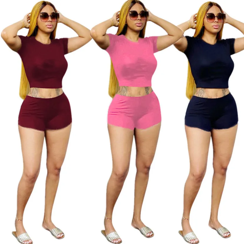 Summer Tracksuits Mulheres Jogger Terno De Manga Curta t - shirts Crop Top + Shorts Dois pedaços Conjunto Plus Size 2XL Outfits Preto Esportes Sportswear 4758