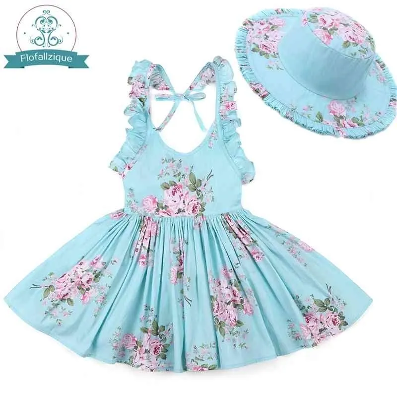 Bébé filles robe avec chapeau marque enfant en bas âge été enfants plage imprimé floral volants princesse vêtements de fête 1-8 ans 210331