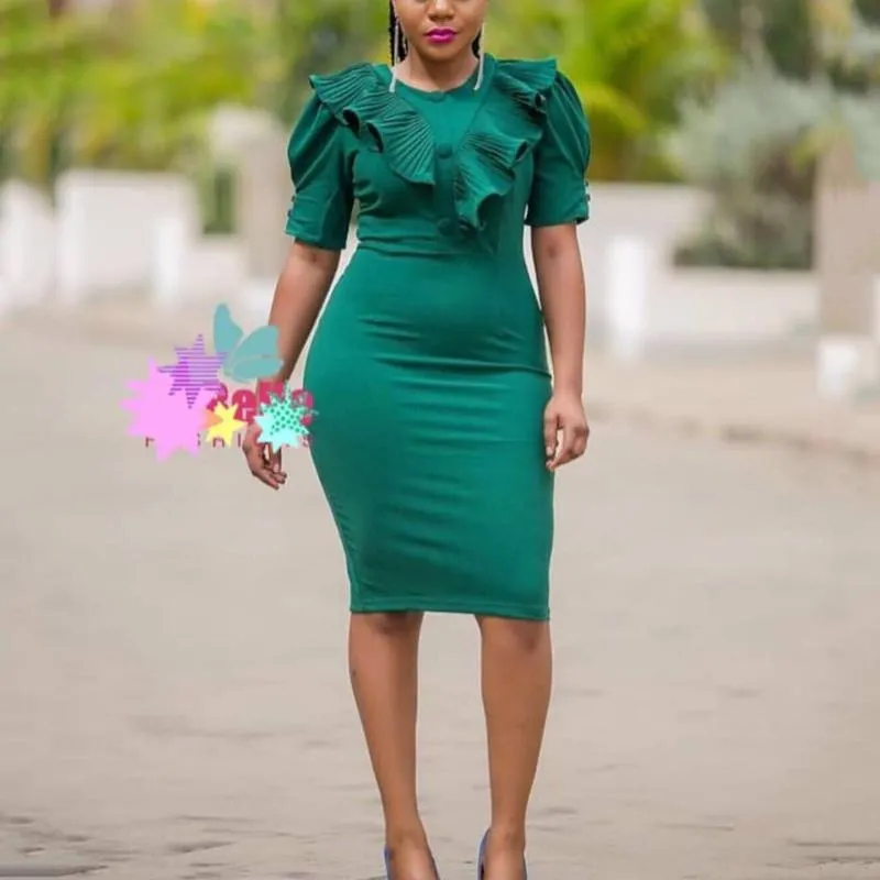 Abiti casual African Office Ladies 2021 Formal Classy Green Ruffles Bodycon Solid Mid Calf Eleant Business Abiti da lavoro Abito Midi OL