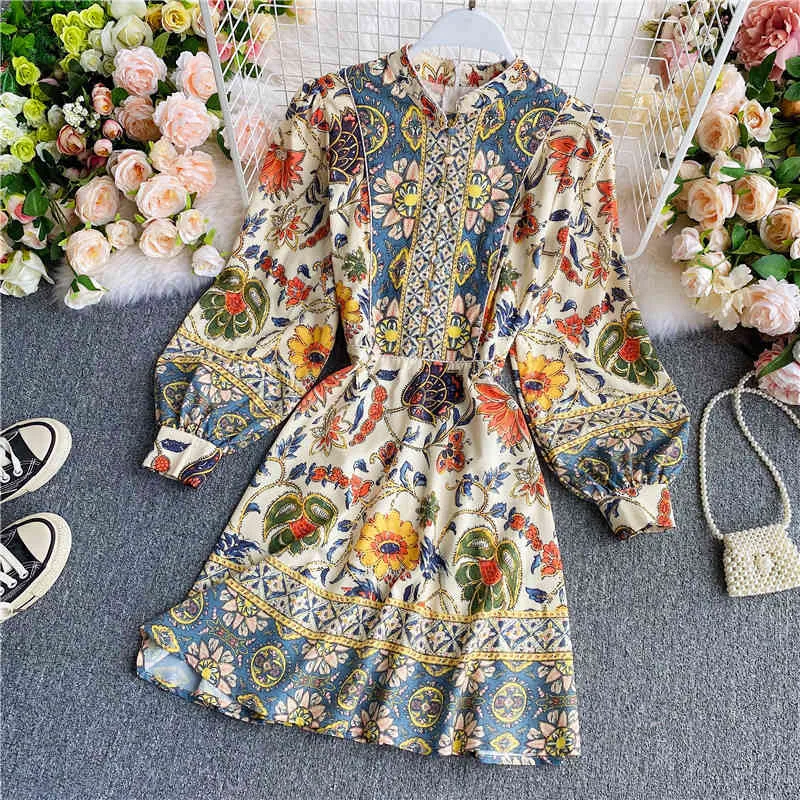 Spring Autumn Casual Women Puff Sleeve Floral Print Dress Vintage Ladies Button Mini Bohemia Fairy 210423