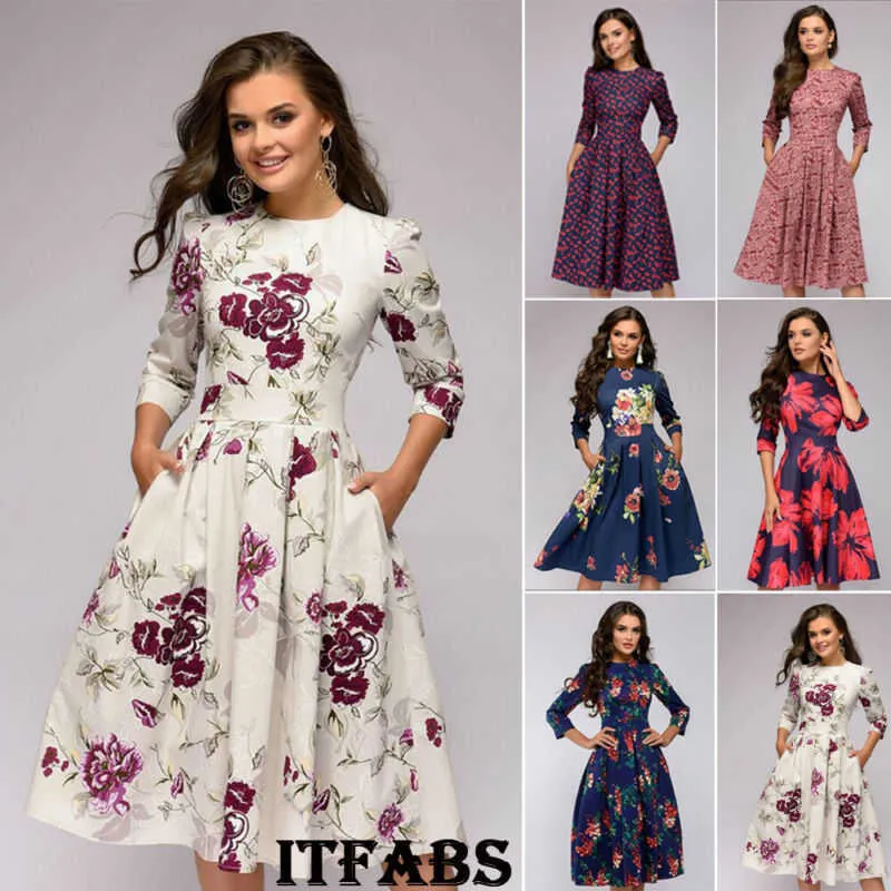 Hirigin Kadınlar Retro Tunik 3/4 Uzun Kollu Çiçek Baskı Vücut Kılıfları Vintage Elbise Zarif Bayanlar Elbise Partisi Elbise X0705