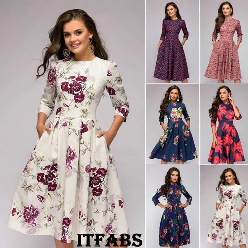 Hirigin Donna Retro Tunica 3/4 Maniche lunghe Stampa floreale Abiti aderenti Abito vintage Elegante abito da donna Abito da festa X0705