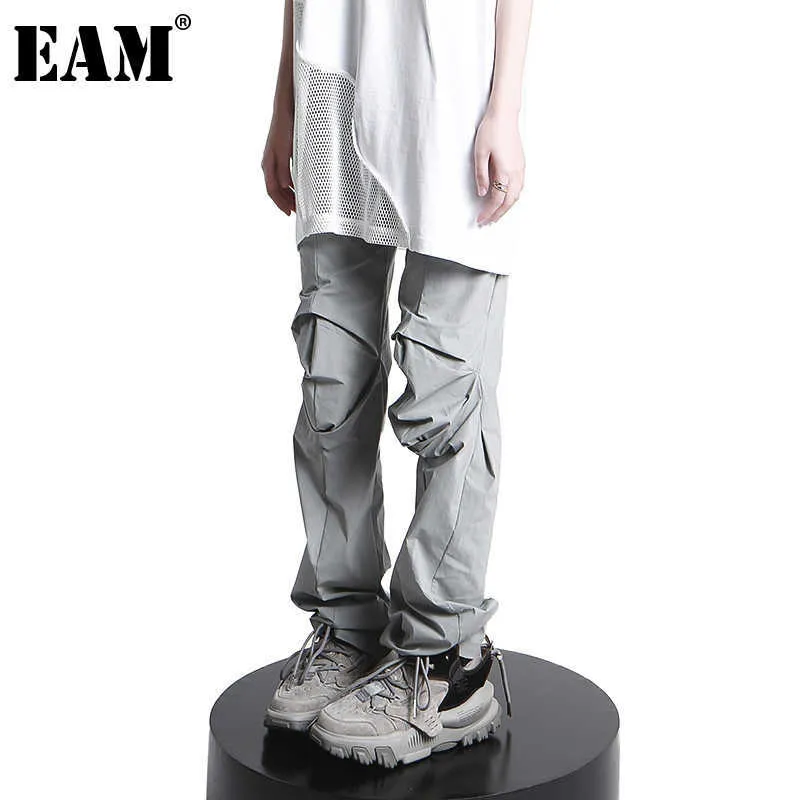 [EAM] High Elastic Waist Gray Three-dimensional Long Trousers New Loose Fit Pants Women Fashion Tide Spring Autumn 2021 1DD7685 Q0801