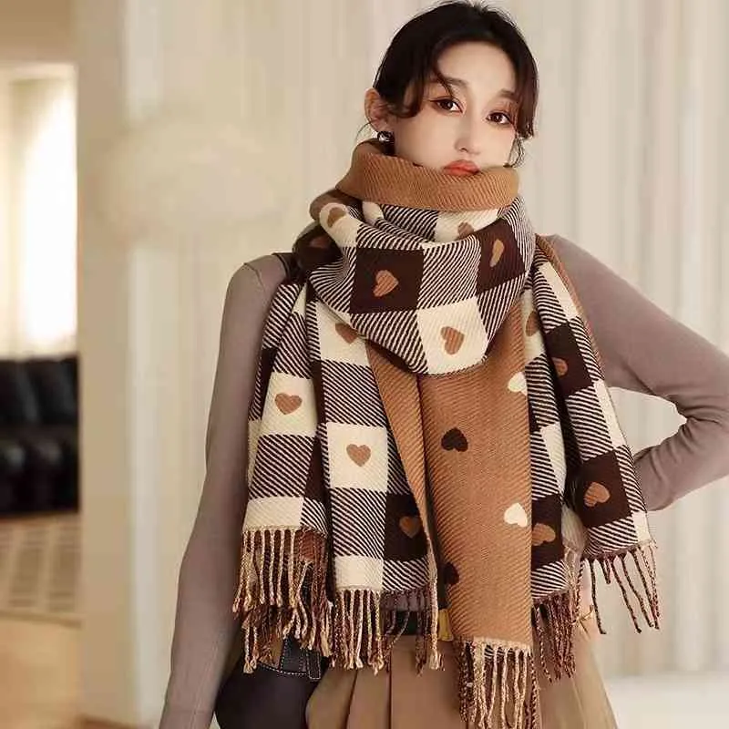 Net red same love plaid scarf for women in winter versatile Korean version double-sided two-color student new imitation cashmere scarf