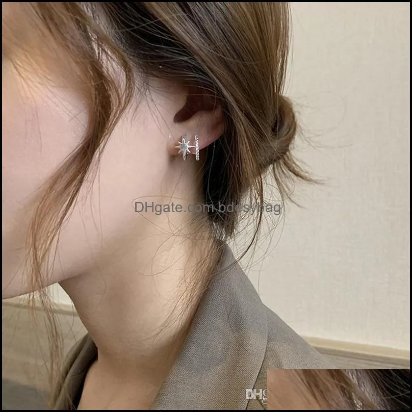 Peri`sBox Eight-pointed Star CZ Stone Small Earrings Open Circle Gold Stud Earrings for Women Korean Style Dainty 2019