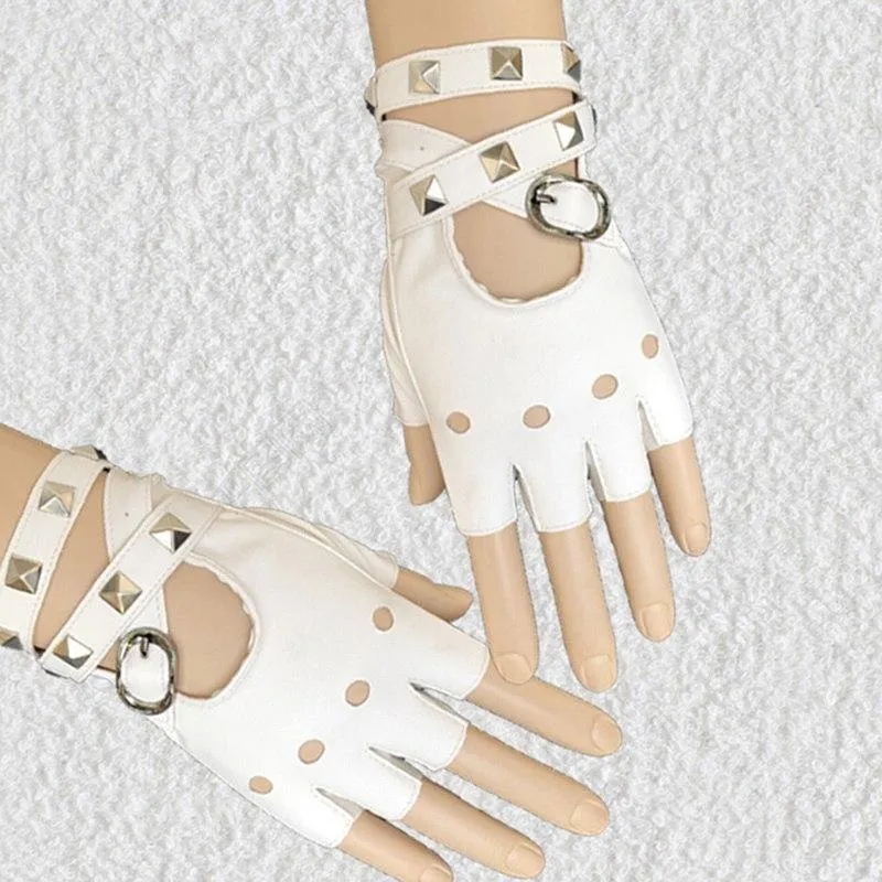 Stylish Gothic Punk Leather Fingerless Leather Gloves For Women